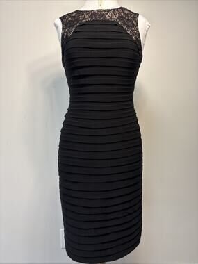 Adrianna Papell Sheer Illusion Lace Tiered Pleats LBD Black Dress 6 Bodycon